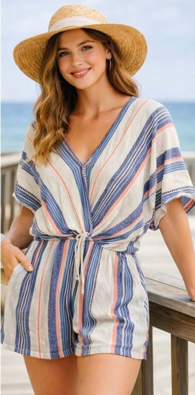 En Crème Blue and Orange Striped V-Neck Romper with Elastic Waist